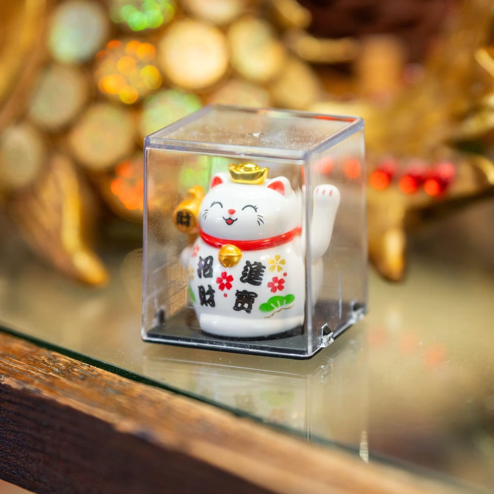 Smiling Japanese lucky cat figurine with a raised paw displayed in a clear case on a warmly lit restaurant counter.