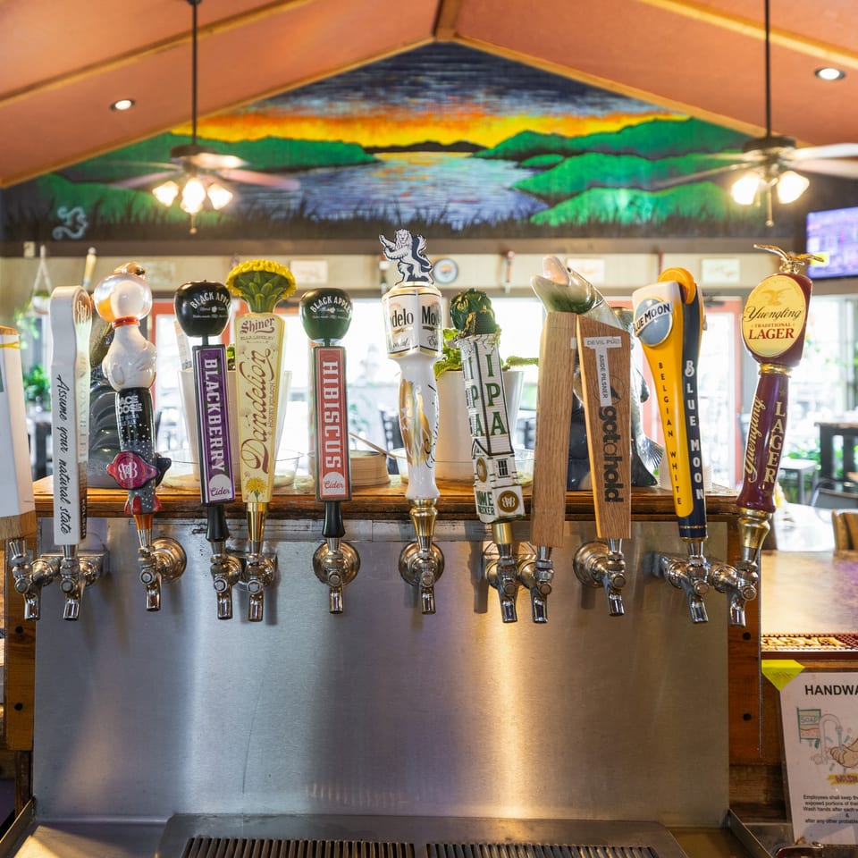 Beer taps at Angler's with a lake mural behind the bar.